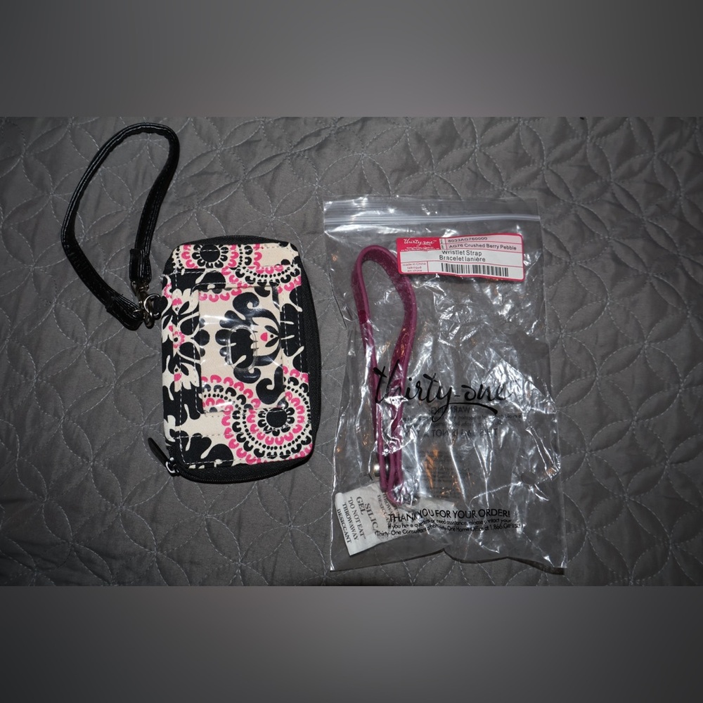Thirty-One Black and Pink Floral Wristlet Wallet | With additional Strap